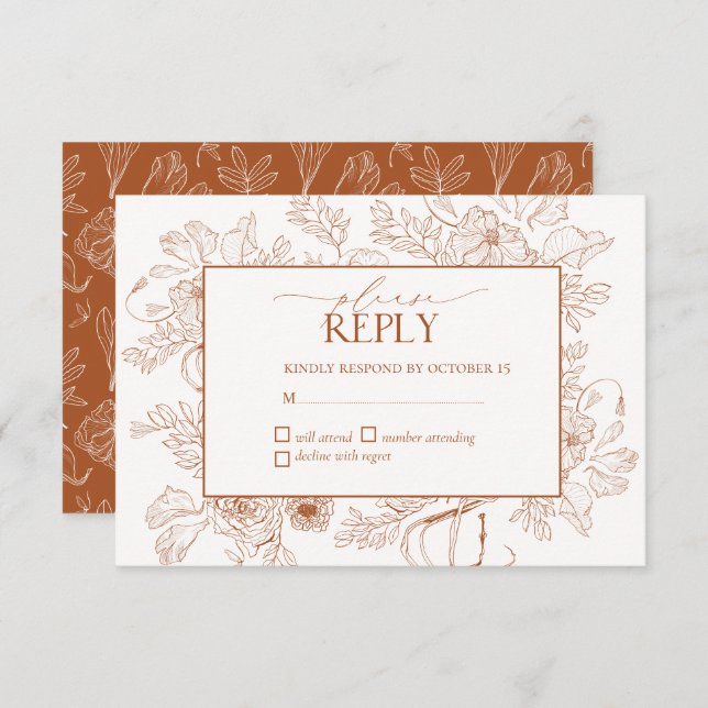 Elegant Burnt Orange Floral Line Art Wedding RSVP  (Front/Back)