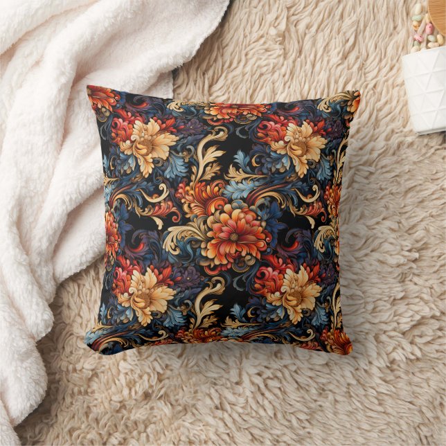 Elegant Burnt Orange Gold Floral Black Cushion (Blanket)