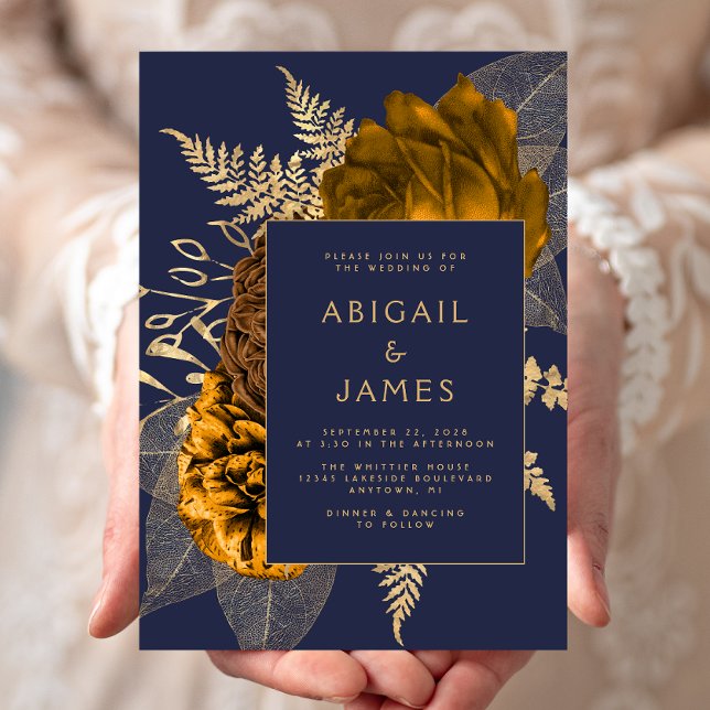 Elegant Burnt Orange Gold Floral Navy Blue Wedding Invitation (Creator Uploaded)