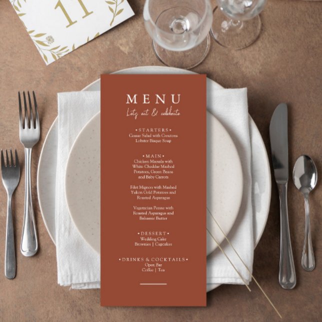 Elegant Burnt Orange Let's Eat Calligraphy Wedding Menu (Creator Uploaded)