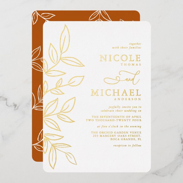 Elegant Burnt Orange Minimal Gold Leaf Wedding (Front/Back)