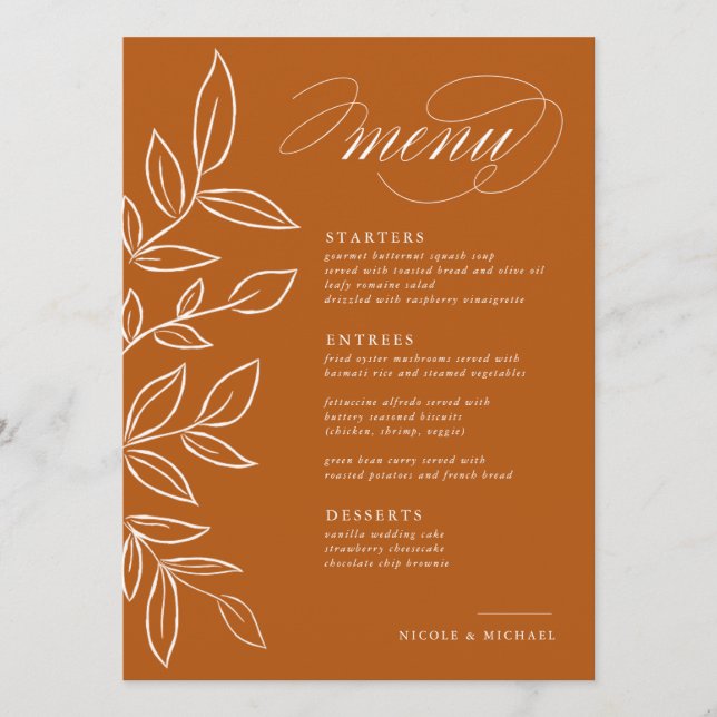 Elegant Burnt Orange Minimalist Leaves Wedding Menu (Front)