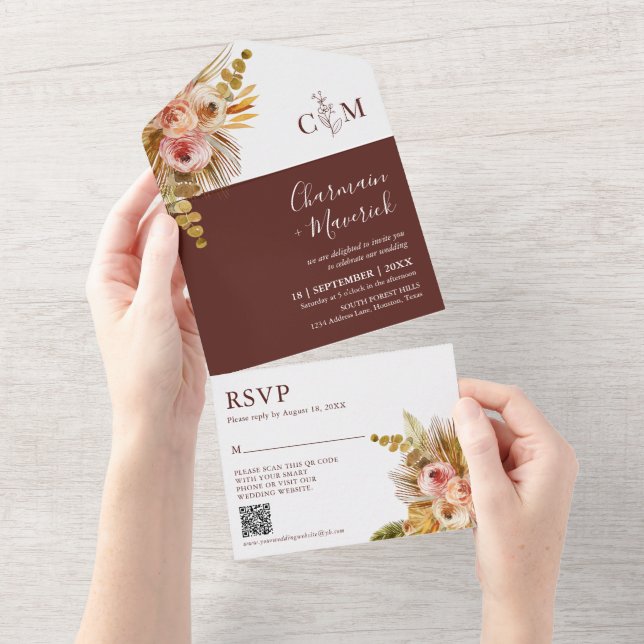 Elegant Burnt Orange Monogram QR Code Wedding All In One Invitation (Tearaway)
