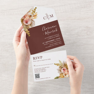 Elegant Burnt Orange Monogram QR Code Wedding All In One Invitation