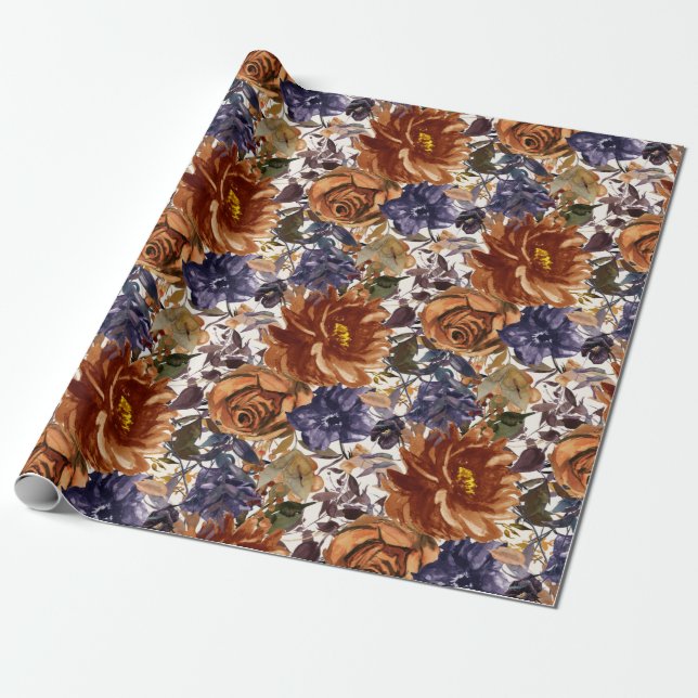 Elegant Burnt Orange Navy Blue Fall Autumn Floral  Wrapping Paper (Unrolled)