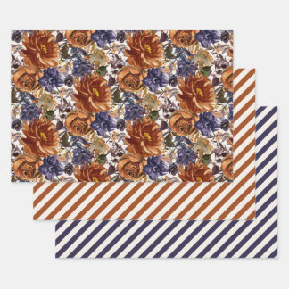 Elegant Burnt Orange Navy Blue Fall Autumn Floral  Wrapping Paper Sheet