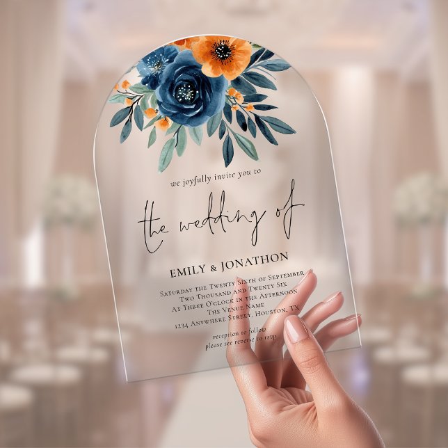 Elegant Burnt Orange Navy Florals Wedding Acrylic Invitations (Creator Uploaded)