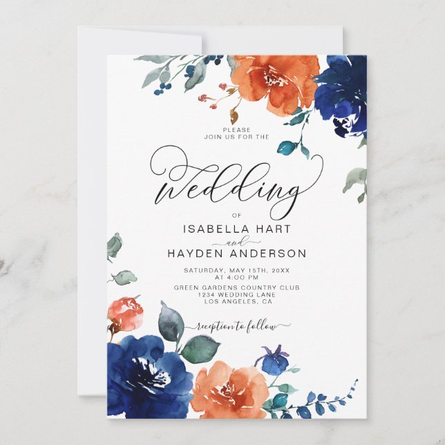 Elegant Burnt Orange Navy Rust Floral Wedding Invitation (Front)