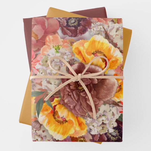 Elegant Burnt Orange Rust Cream Floral  Wrapping Paper Sheet (In situ)