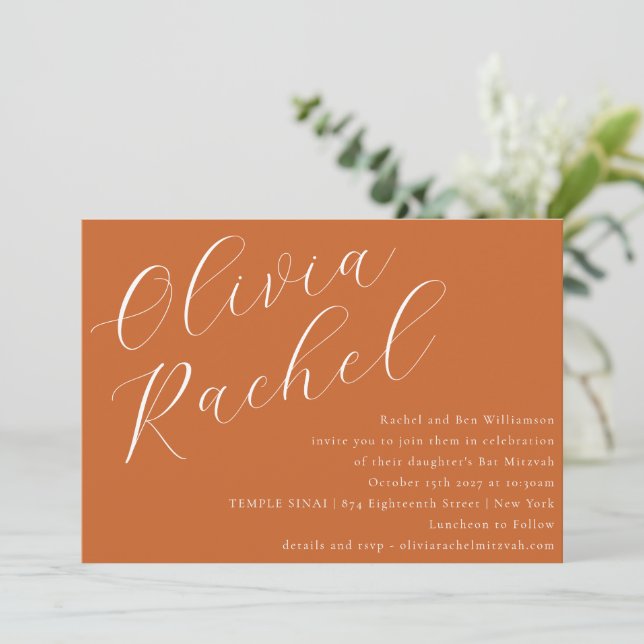 Elegant Burnt Orange Script Minimal Bat Mitzvah Invitation (Standing Front)