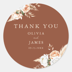 Elegant Burnt Orange Terracotta Floral Wedding  Classic Round Sticker