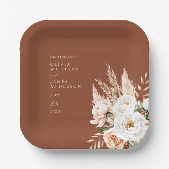 Elegant Burnt Orange Terracotta Floral Wedding  Paper Plate (Front)