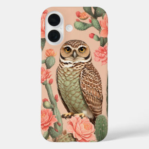 Elegant Burrowing Owl And Cactuses  iPhone 16 Case
