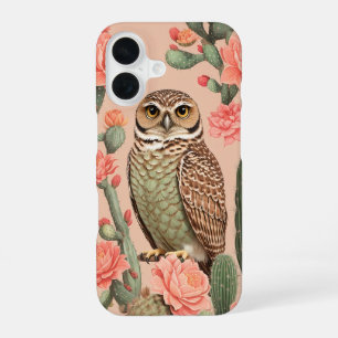 Elegant Burrowing Owl And Cactuses iPhone 16 Case