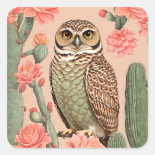 Elegant Burrowing Owl And Cactuses  Square Sticker