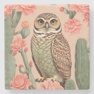 Elegant Burrowing Owl And Cactuses Stone Coaster