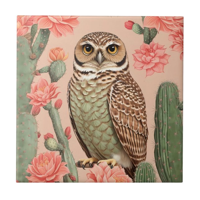 Elegant Burrowing Owl And Cactuses  Tile (Front)