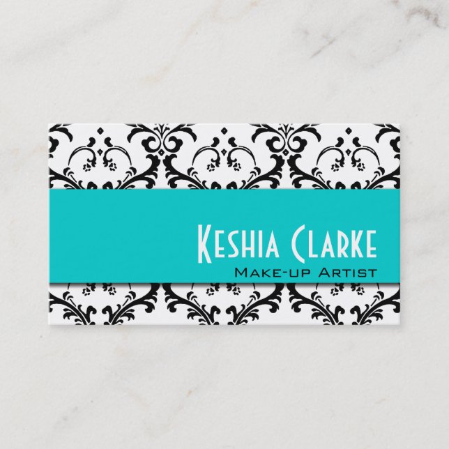 Elegant Business Card Aqua Blue Damask (Front)
