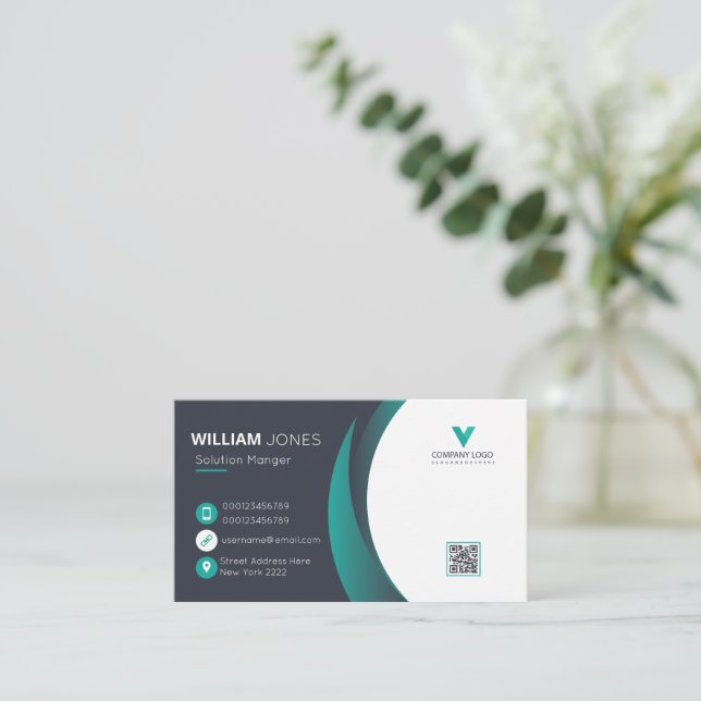 Elegant Business Card, Green White QR Code Card (Standing Front)