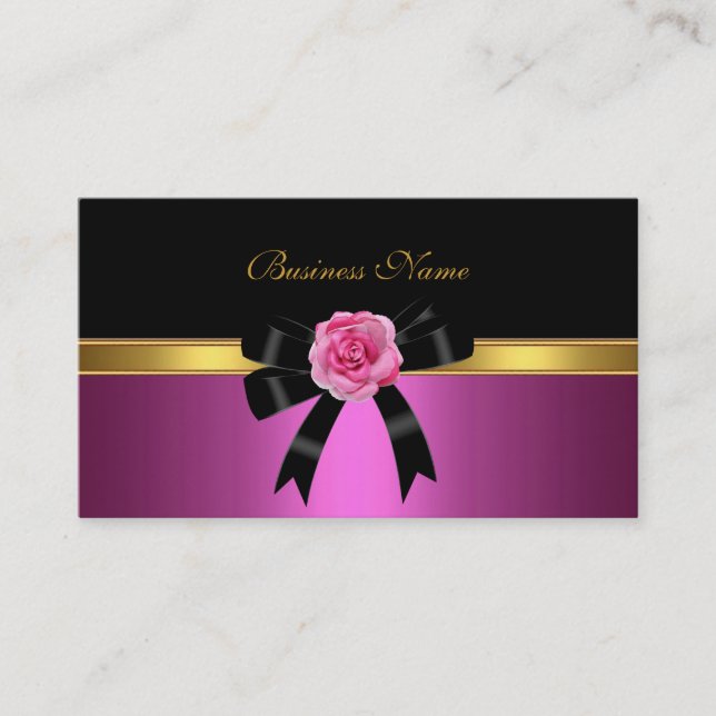 Elegant Business Card Pink Rose Black Gold Bow (Front)
