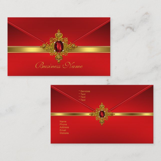 Elegant Business Card Red Gold Trim Red Jewel (Front/Back)