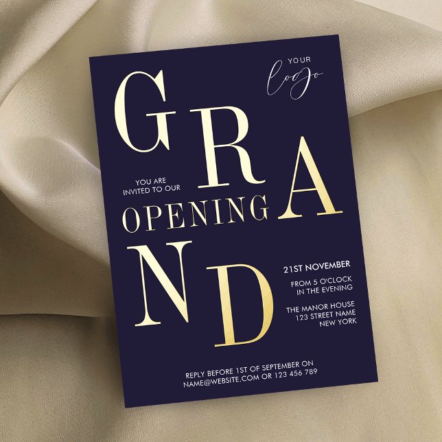 Elegant Business Launch Corporate Logo Navy & Gold (Stand out and impress with these navy blue and real gold foil business launch event invitations)