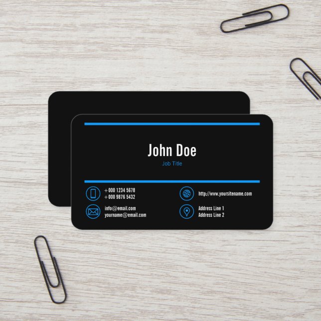 Elegant Business Logo Blue Lines Blue Icons Black Business Card (Front/Back In Situ)