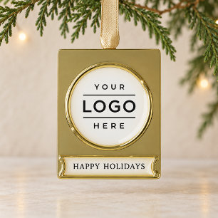 Elegant Business Logo Corporate Happy Holidays Gold Plated Banner Ornament