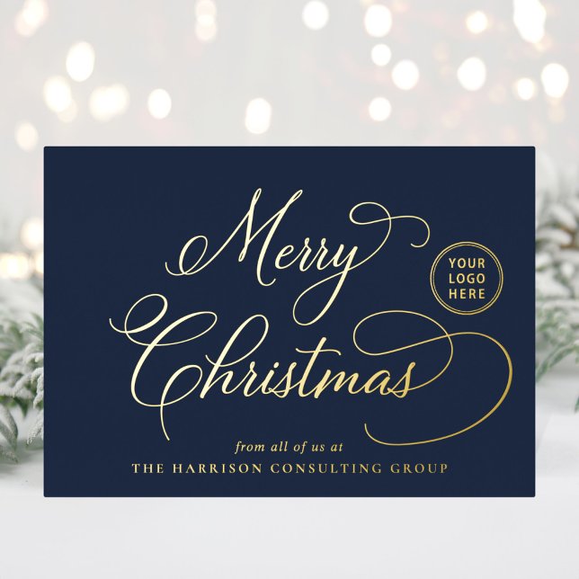 Elegant Business Logo Merry Christmas Blue Foil Holiday Card (Creator Uploaded)