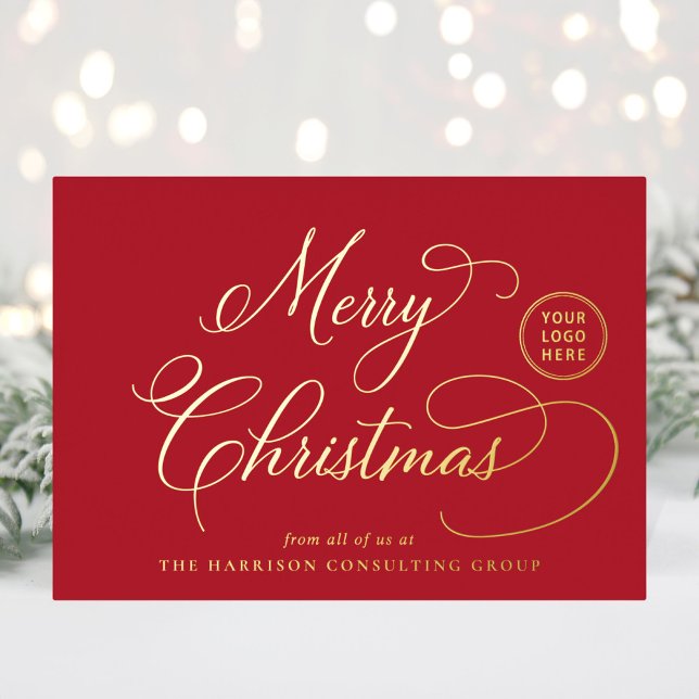 Elegant Business Logo Merry Christmas Red Foil Holiday Card (Creator Uploaded)