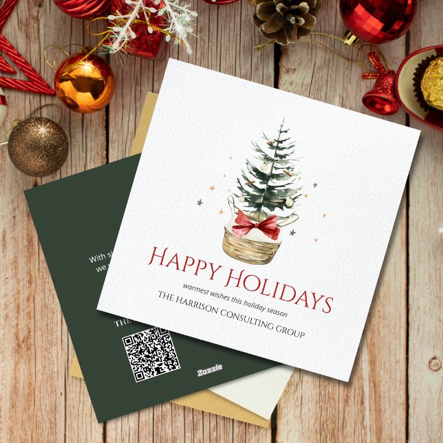 Elegant Business Logo QR Code Watercolor Christmas Holiday Card (Creator Uploaded)