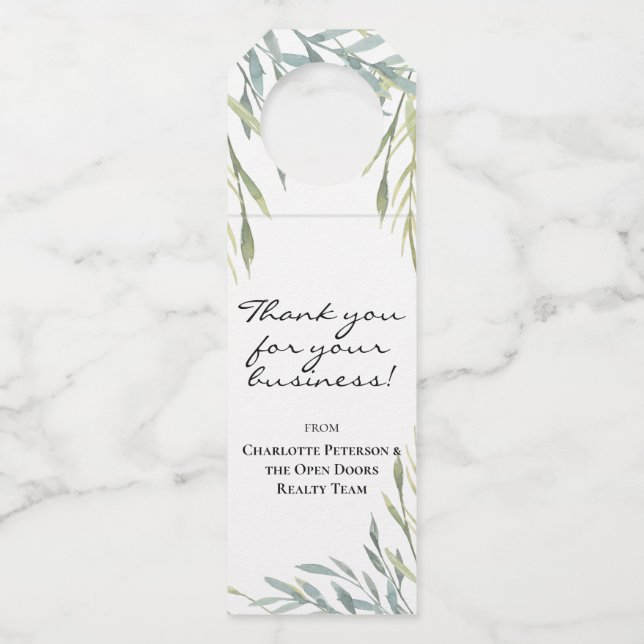 Elegant Business Name Greenery Client Gift Bottle Tag (Front)
