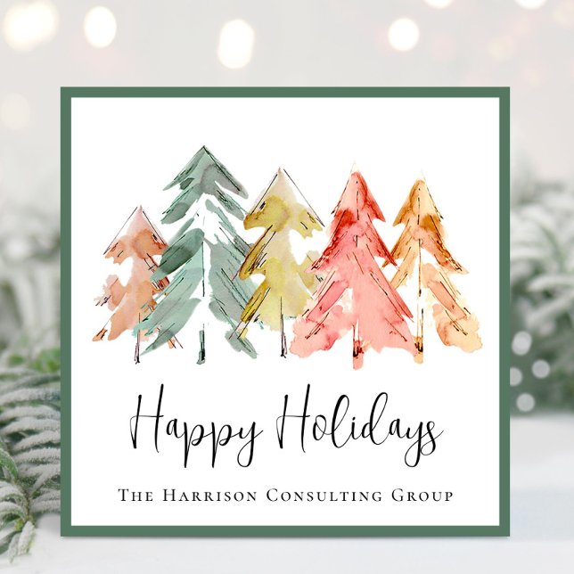 Elegant Business Pine Trees Watercolor Christmas Holiday Card (Spread the joy of the season and strengthen business relationships with our elegant holiday card)