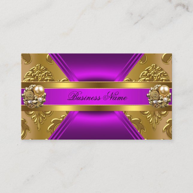 Elegant Business Purple Magenta Gold Damask Jewel Business Card (Front)