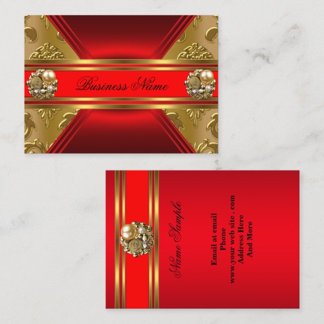 Elegant Business Red Gold Damask Jewel 2 Business Card (Front/Back)