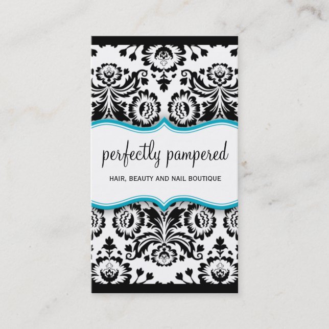 ELEGANT BUSINESS stylish damask black aqua blue Business Card (Front)