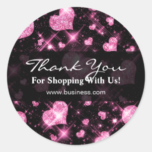 Elegant Business Thank You Pink Glitter Hearts Classic Round Sticker