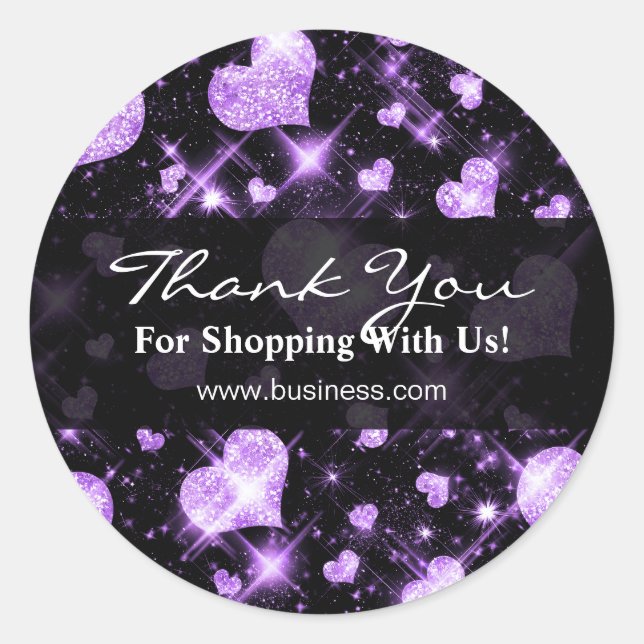 Elegant Business Thank You Purple Glitter Hearts Classic Round Sticker (Front)