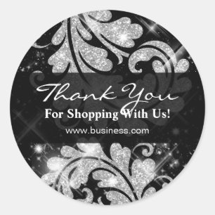Elegant Business Thank You Silver Glitter Floral Classic Round Sticker
