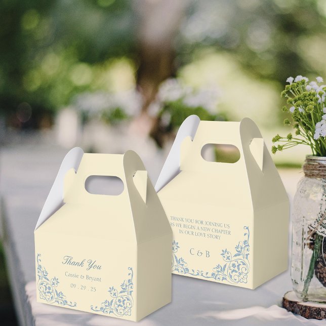 Elegant Butter Yellow and Blue Wedding Thank You Favour Box (elegant butter yellow wedding thank you gift favor boxes with bride and groom name plus message)