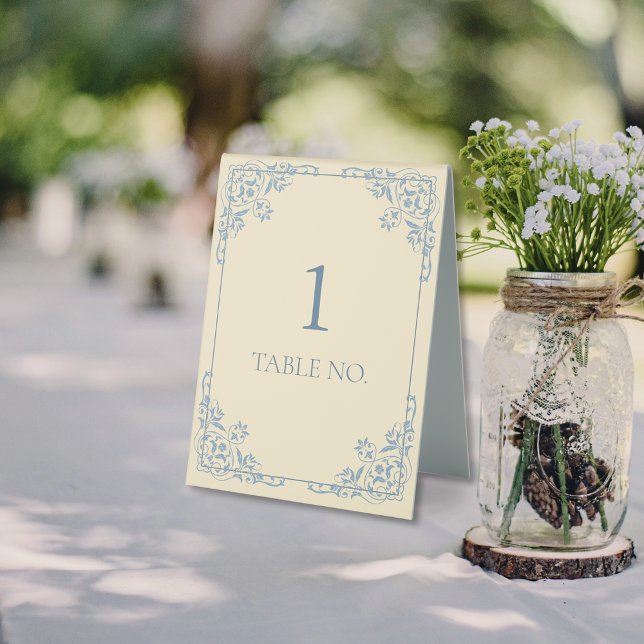Elegant Butter Yellow Blue Vintage Border Wedding (elegant butter yellow and dusty blue decorative border wedding table number sign with no names)