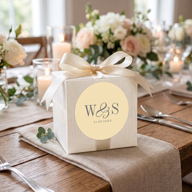 Elegant Butter Yellow initial wedding couples Classic Round Sticker (Creator Uploaded)