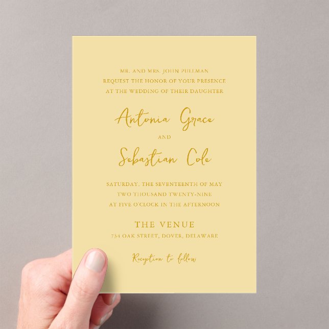 Elegant Butter Yellow Modern Wedding Acrylic Invitations (Insitu (Handheld))