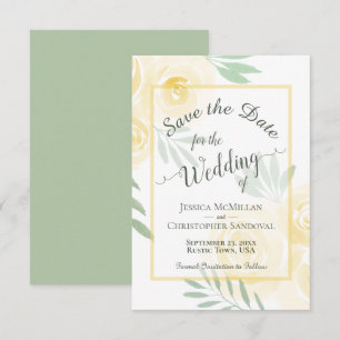 Elegant Butter Yellow & Sage Roses Boho Wedding Save The Date