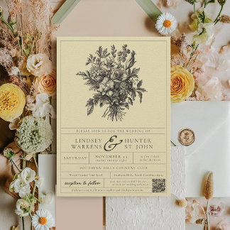 Elegant Butter Yellow Vintage Floral Label Wedding Invitation
