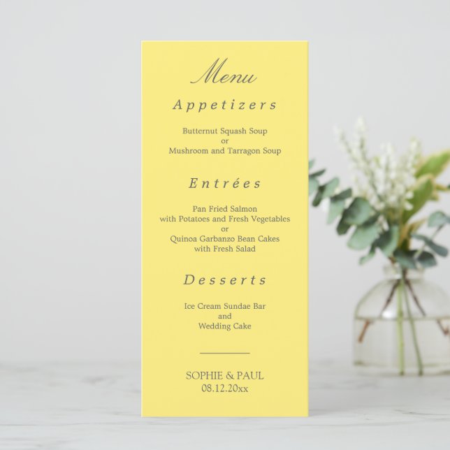 Elegant Butter Yellow Wedding Menu (Standing Front)