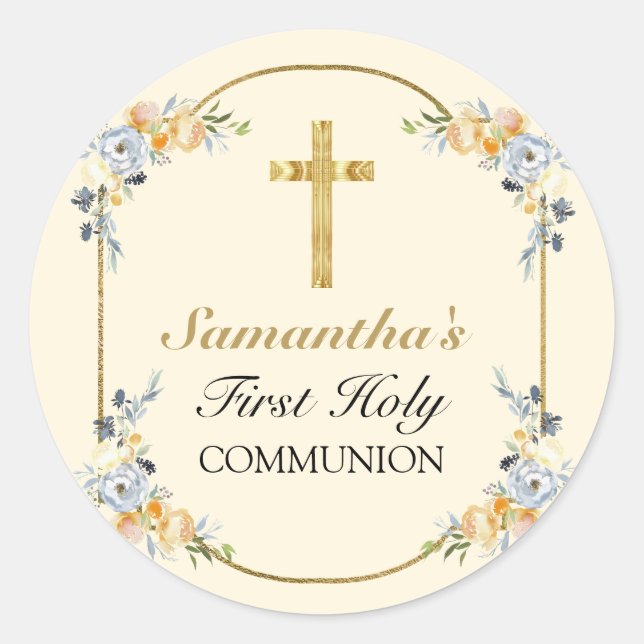 Elegant Buttercream Floral 1st Holy Communion   Classic Round Sticker (Front)