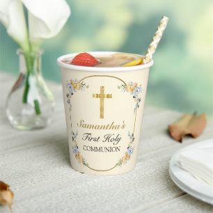 Elegant Buttercream Floral 1st Holy Communion  Paper Cups