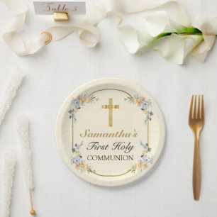 Elegant Buttercream Floral 1st Holy Communion    Paper Plate