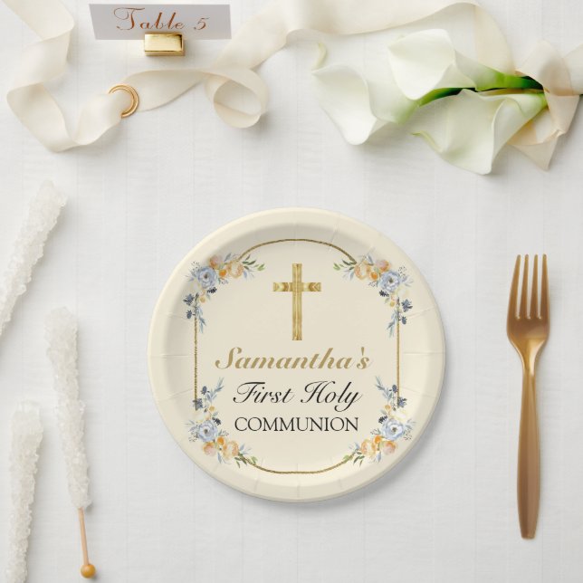 Elegant Buttercream Floral 1st Holy Communion    Paper Plate (Wedding)